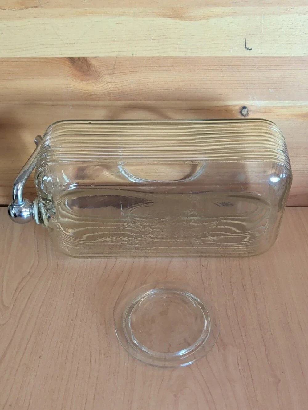 Antique Ribbed Clear Glass and Chrome Water Dispenser with Lid -